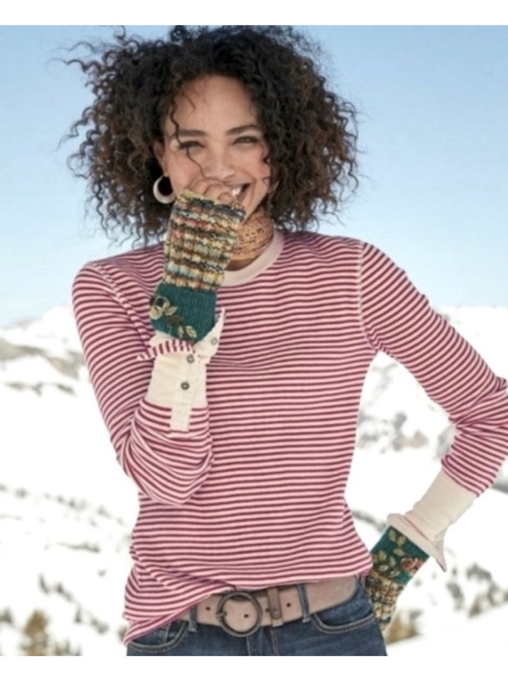 Sundance Striped Waffle Knit Crewneck Thermal Top Skiing Size Medium Classic